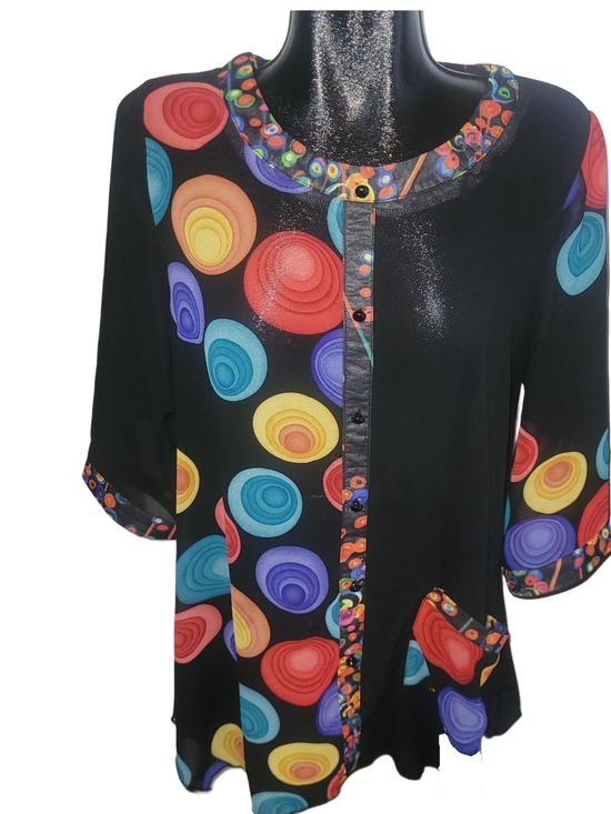 Variations Tops - Variations Black Multi-Color Geometric Circles Faux Button-Front Sheer Top L